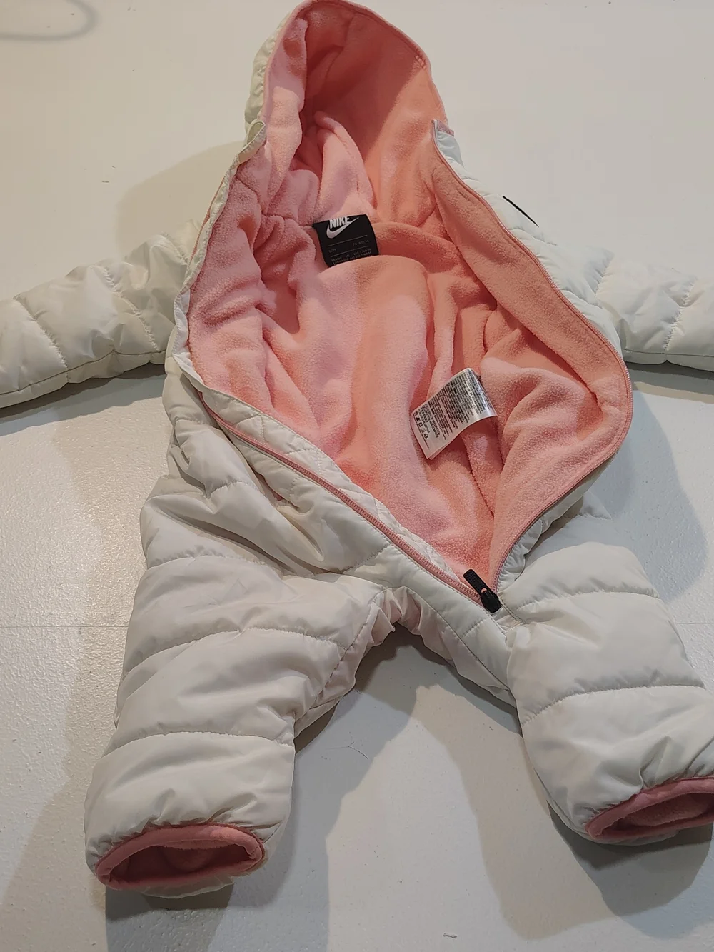 Nike Snowsuit Baby 12 Months White One Piece Fleece Lined Bunting Puffer Hooded